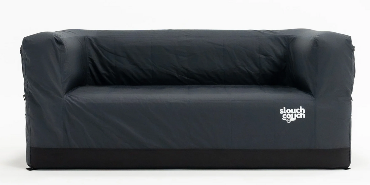 Chill Charcoal Slouch Couch inflatable camping loveseat at dune camp
